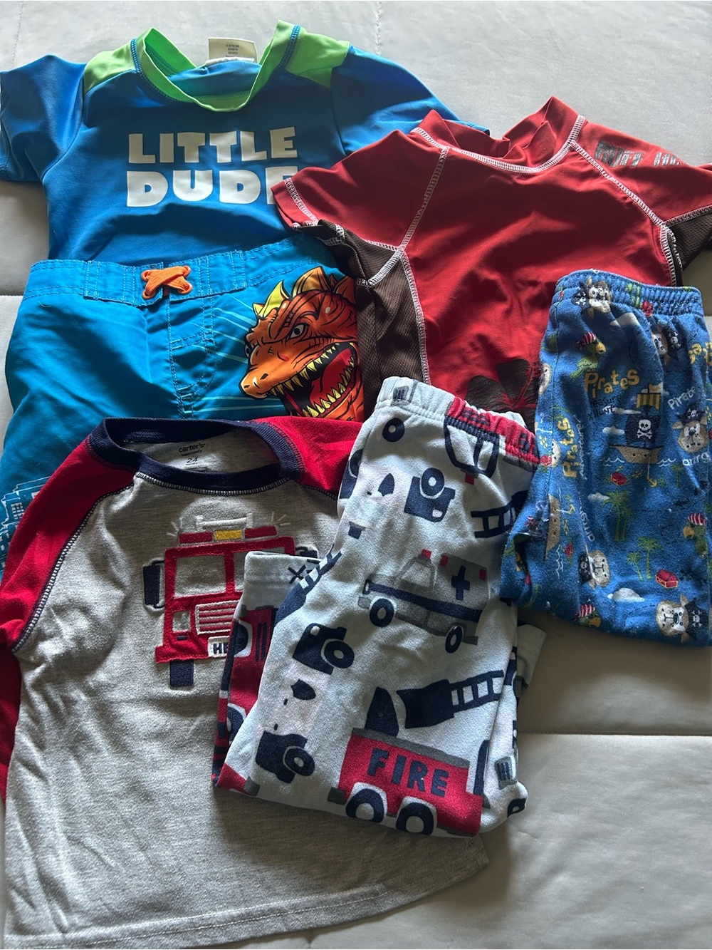 2T bundle. Little Dude Blue Swim Shirt & Mixed Kids Pajama Set - Blue, Red, Gray